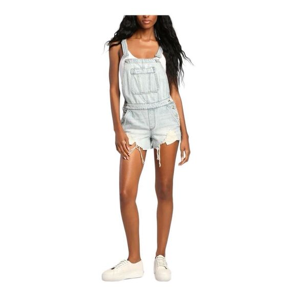 Blank NYC Women's L Blue Light Wash Shortalls Denim Overalls Raw Distress Hem‎ - Picture 12 of 12